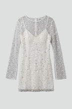 Women's Mesh Overlay Mini Dress – Long Sleeve Party Dress