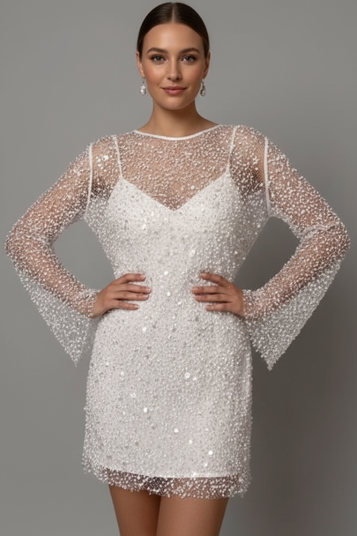 Women's Mesh Overlay Mini Dress – Long Sleeve Party Dress