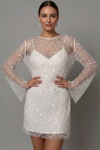 Women's Mesh Overlay Mini Dress – Long Sleeve Party Dress