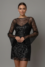 Women's Mesh Overlay Mini Dress – Long Sleeve Party Dress