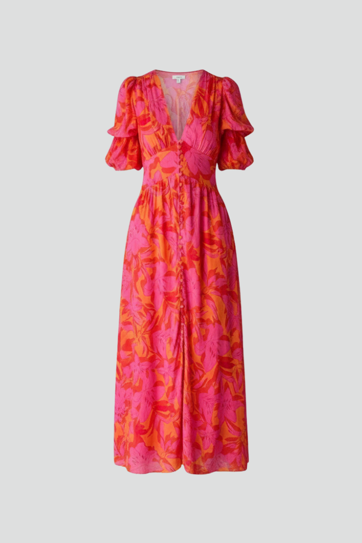 Women's Puff Sleeve Maxi Dress – Printed V-Neck Dress