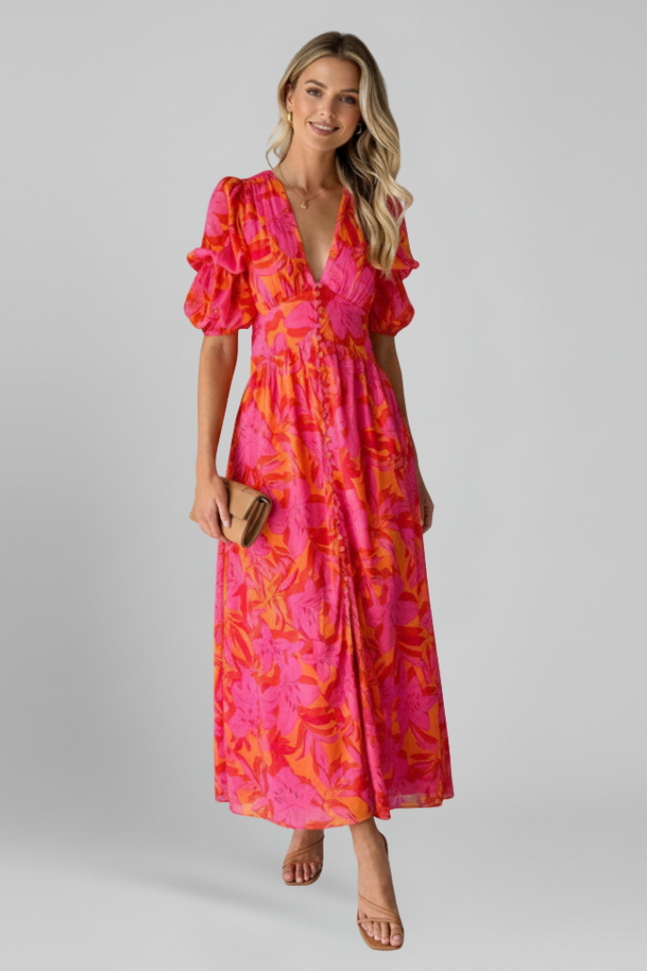 Women's Puff Sleeve Maxi Dress – Printed V-Neck Dress