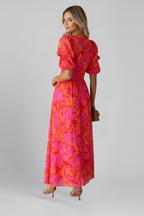 Women's Puff Sleeve Maxi Dress – Printed V-Neck Dress