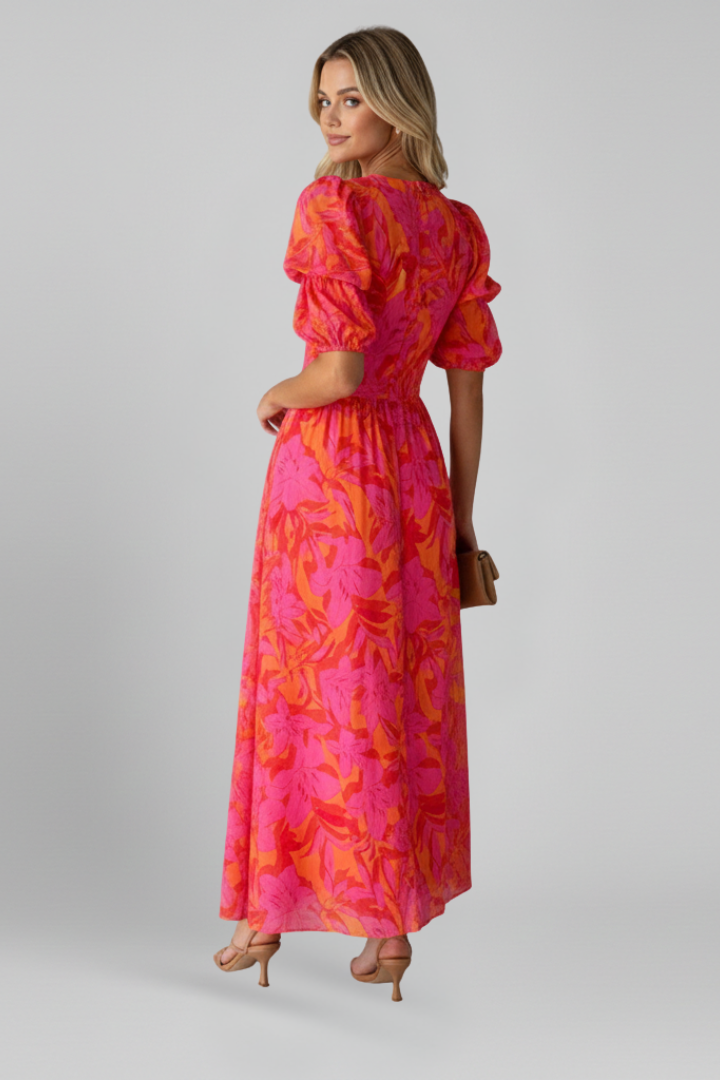 Women's Puff Sleeve Maxi Dress – Printed V-Neck Dress