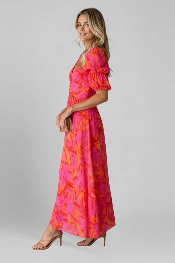 Women's Puff Sleeve Maxi Dress – Printed V-Neck Dress
