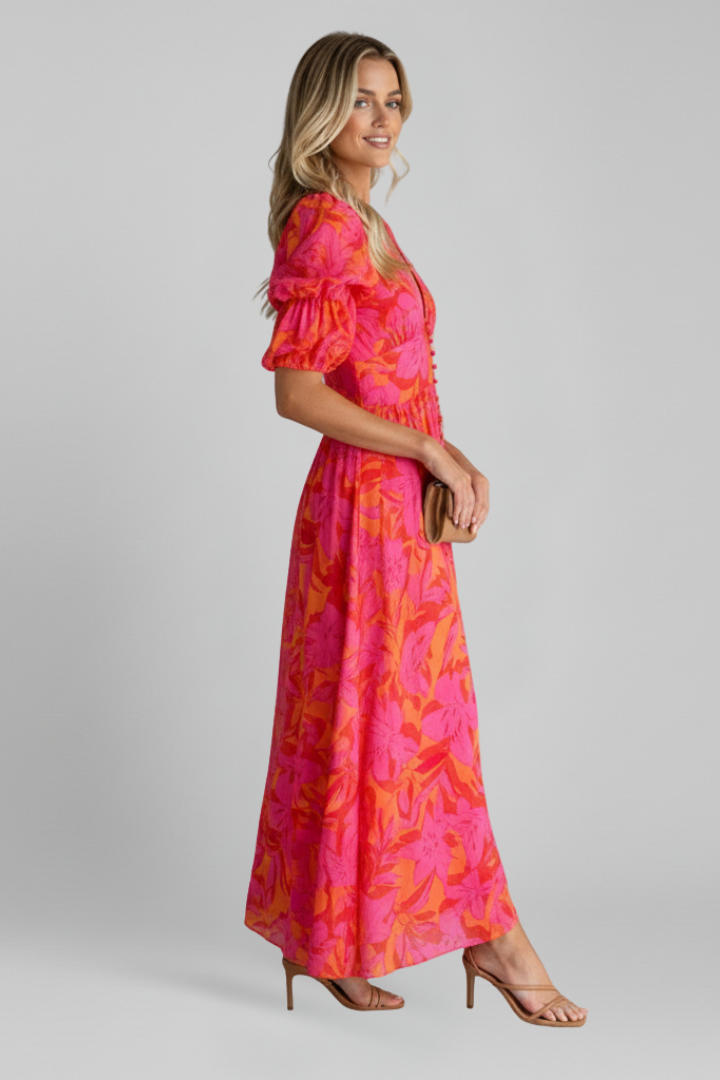 Women's Puff Sleeve Maxi Dress – Printed V-Neck Dress