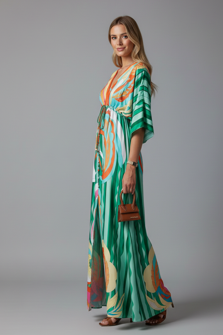 Women's Printed Maxi Dress – Belted Boho Dress