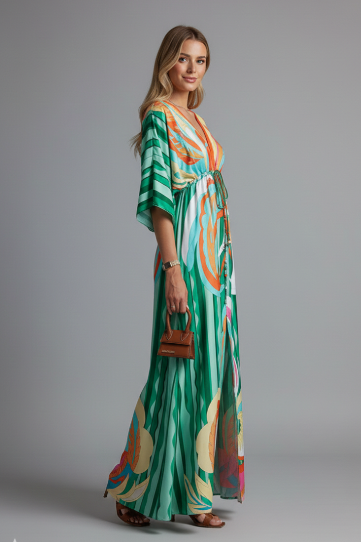 Women's Printed Maxi Dress – Belted Boho Dress