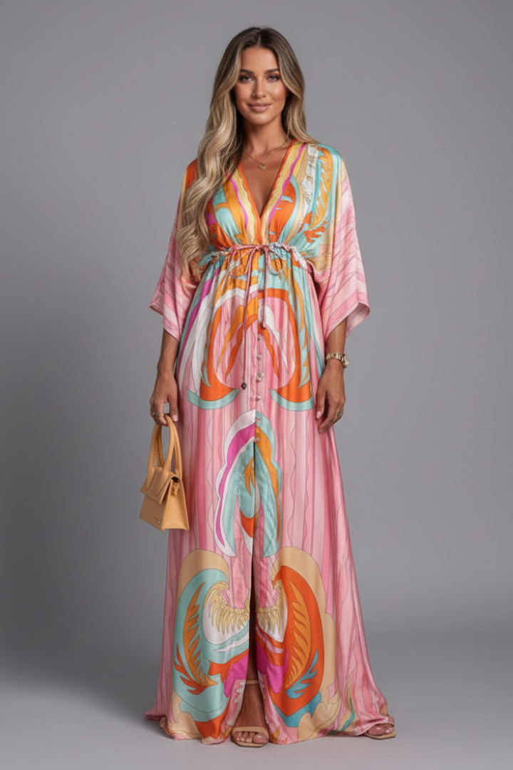 Women's Printed Maxi Dress – Belted Boho Dress