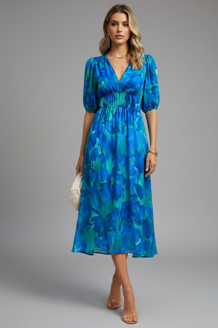 Women's Floral Midi Dress – Puff Sleeve Occasion Dress