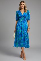Women's Floral Midi Dress – Puff Sleeve Occasion Dress