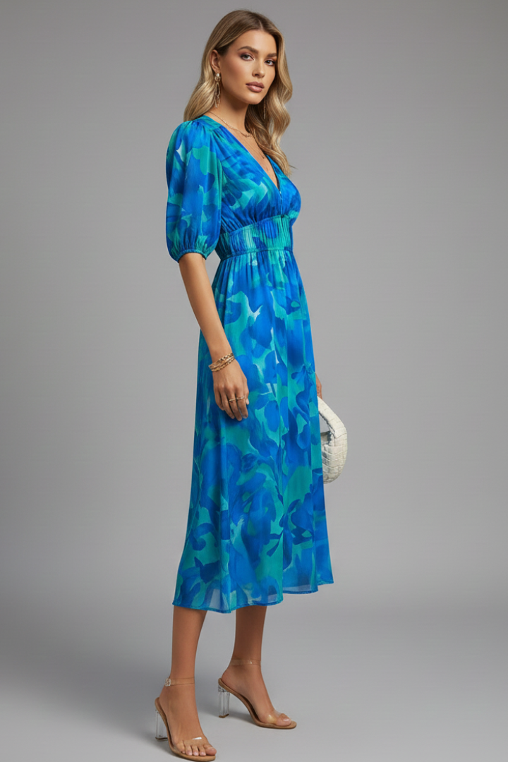 Women's Floral Midi Dress – Puff Sleeve Occasion Dress