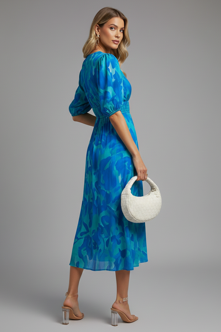 Women's Floral Midi Dress – Puff Sleeve Occasion Dress