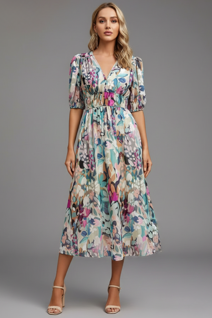 Women's Floral Midi Dress – Puff Sleeve Occasion Dress