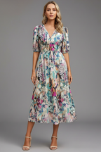 Women's Floral Midi Dress – Puff Sleeve Occasion Dress