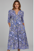 Women's Printed Midi Dress – Relaxed Fit V-Neck Dress