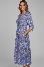 Women's Printed Midi Dress – Relaxed Fit V-Neck Dress