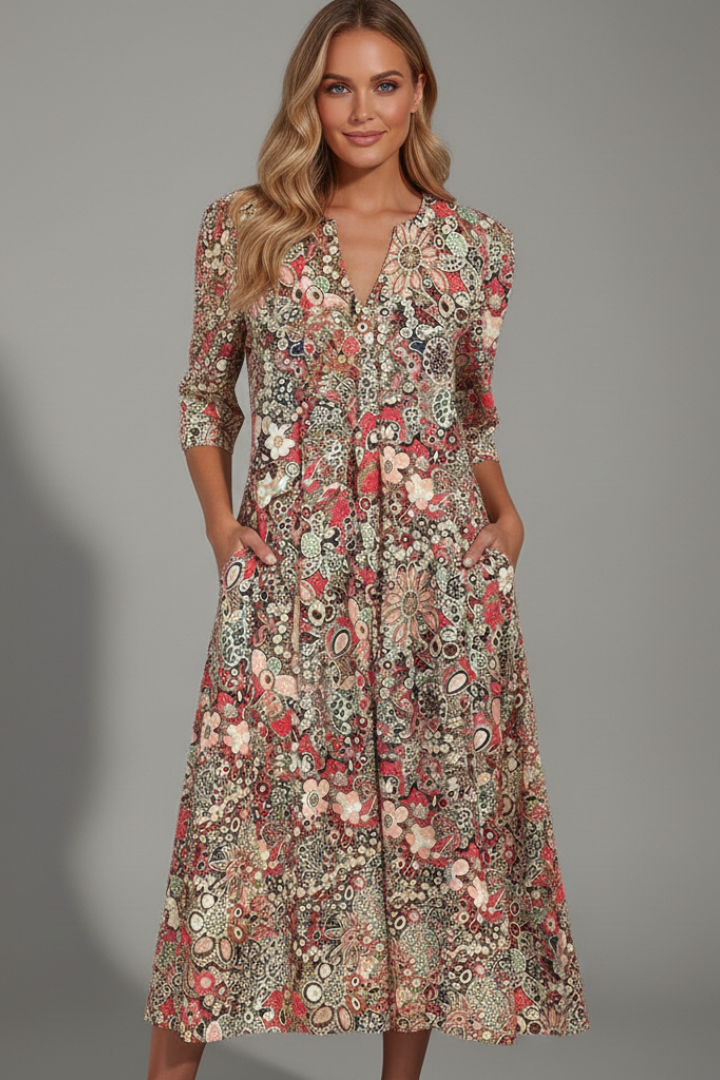 Women's Printed Midi Dress – Relaxed Fit V-Neck Dress