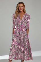 Women's Printed Midi Dress – Relaxed Fit V-Neck Dress