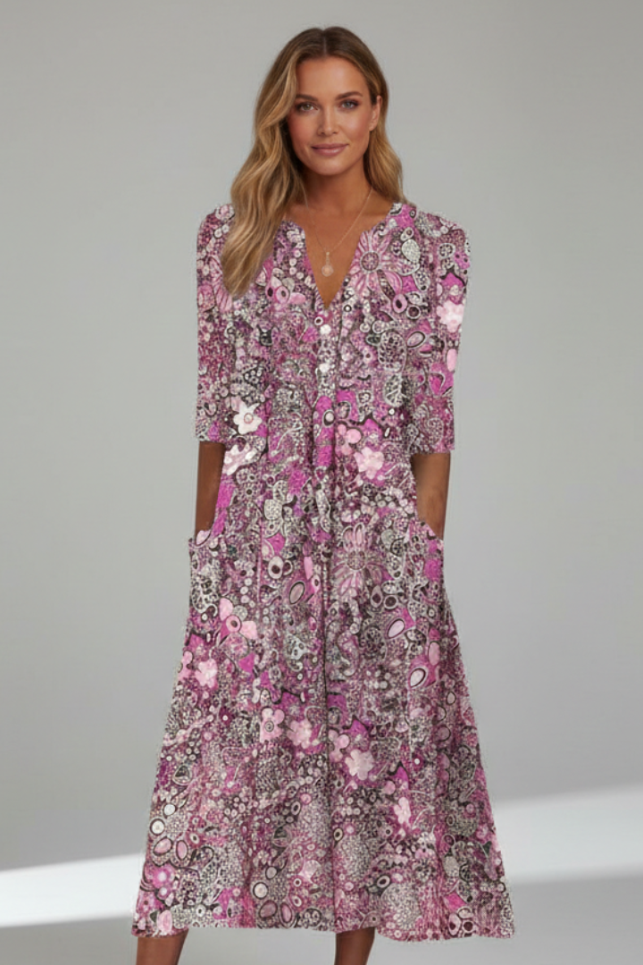 Women's Printed Midi Dress – Relaxed Fit V-Neck Dress