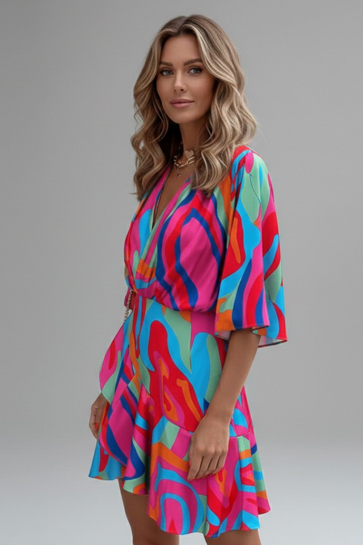 Women's Batwing Sleeve Mini Dress – Waist Tie Dress