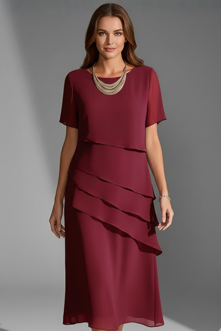 Women's Layered Knee-Length Dress – Short Sleeve Casual Dress