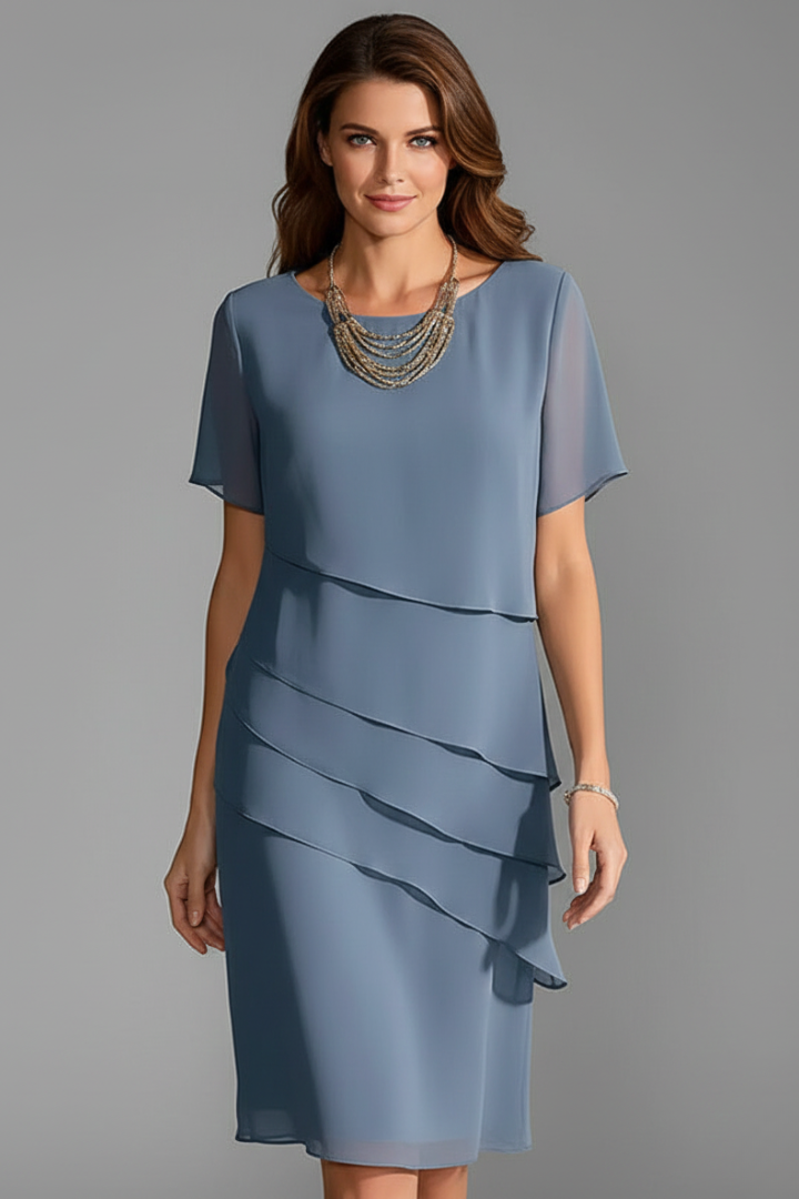 Women's Layered Knee-Length Dress – Short Sleeve Casual Dress