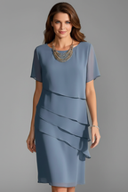 Women's Layered Knee-Length Dress – Short Sleeve Casual Dress
