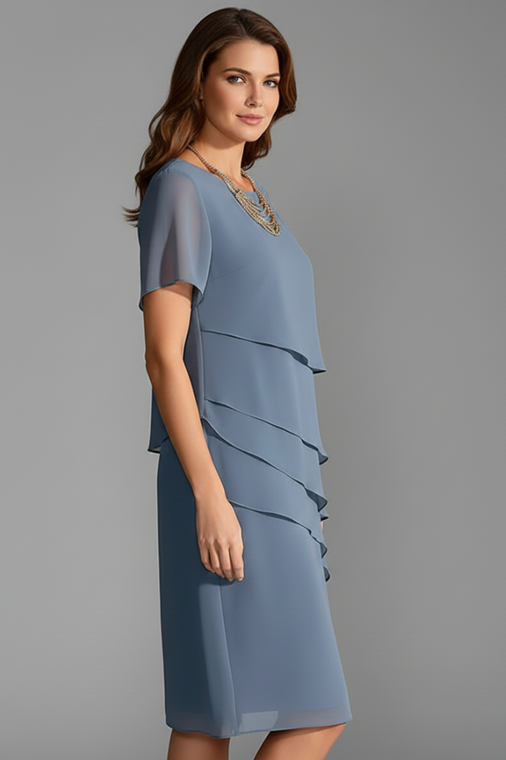 Women's Layered Knee-Length Dress – Short Sleeve Casual Dress