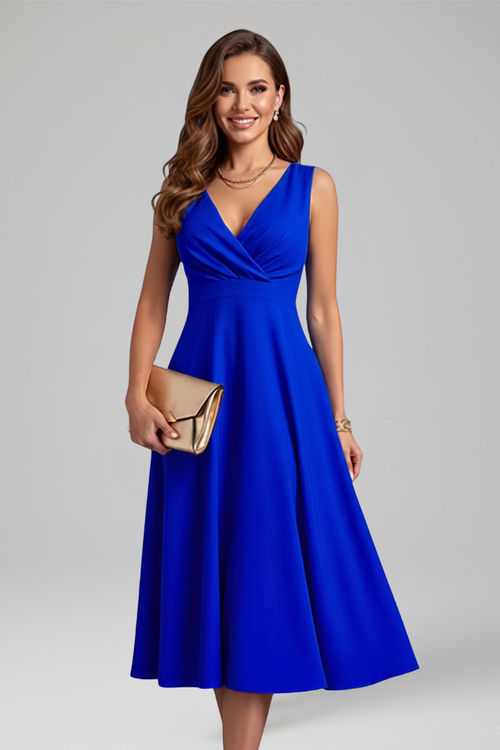 Women's Sleeveless Midi Dress – V-Neck Fit & Flare Dress