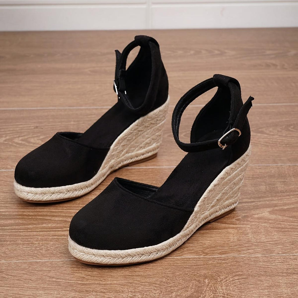 Women's Wedge Sandals with Buckle Ankle Strap and Cushioned Footbed