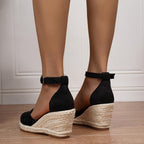 Women's Wedge Sandals with Buckle Ankle Strap and Cushioned Footbed