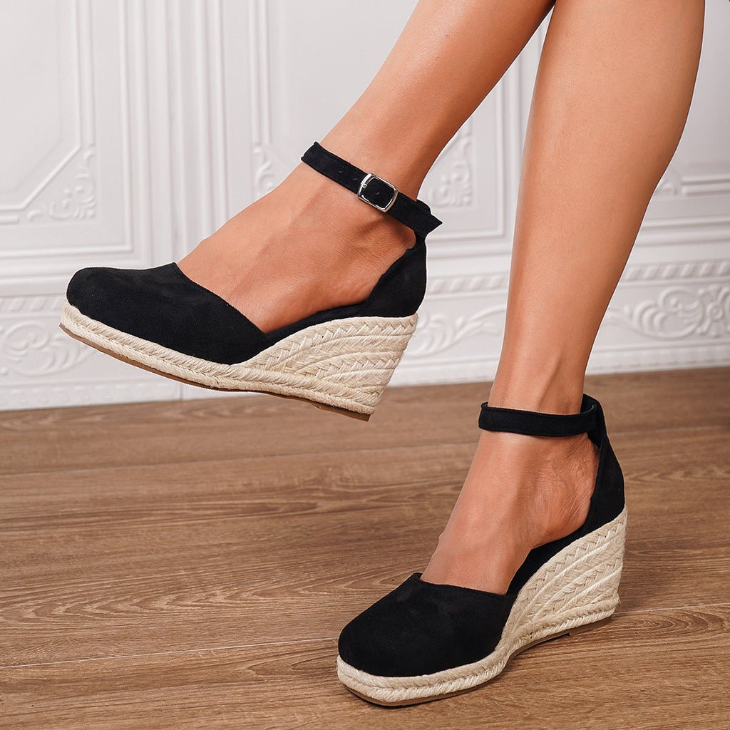 Women's Wedge Sandals with Buckle Ankle Strap and Cushioned Footbed