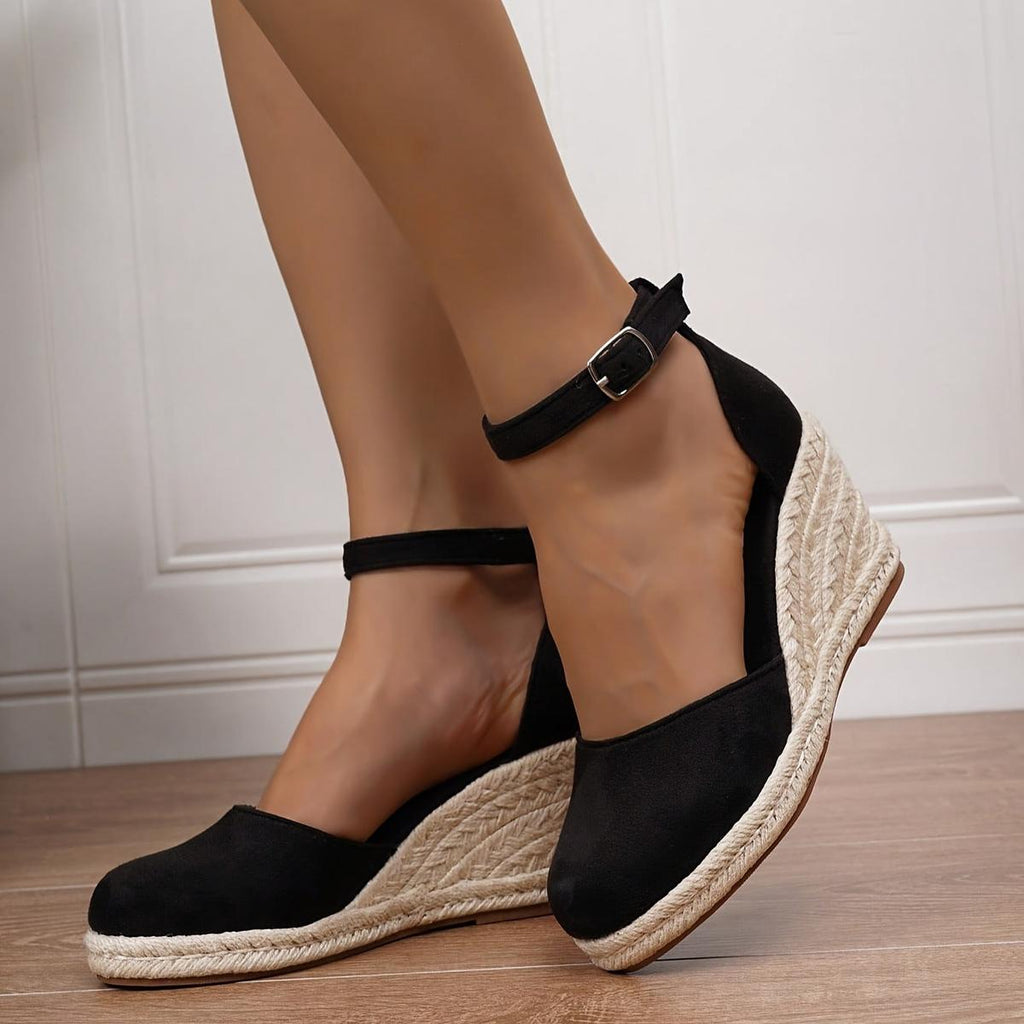 Women's Wedge Sandals with Buckle Ankle Strap and Cushioned Footbed