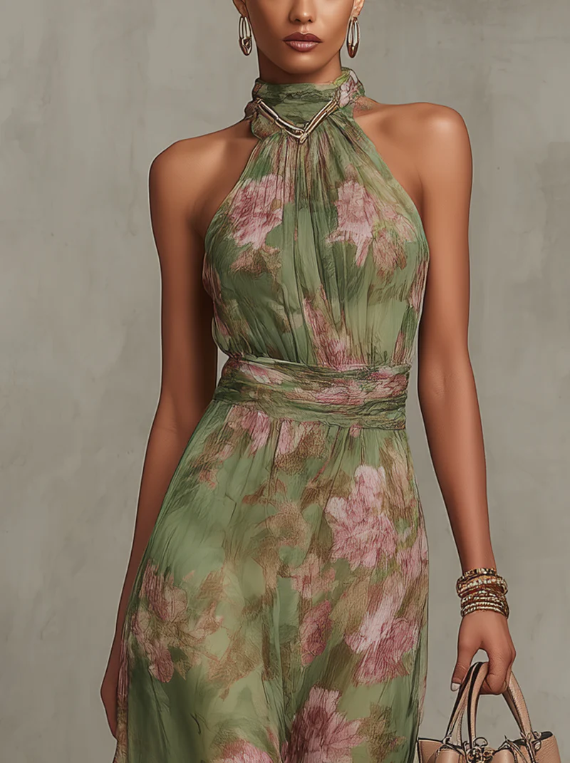 Women's Floral Halter Dress – Pleated Cinched Waist Flowy Dress