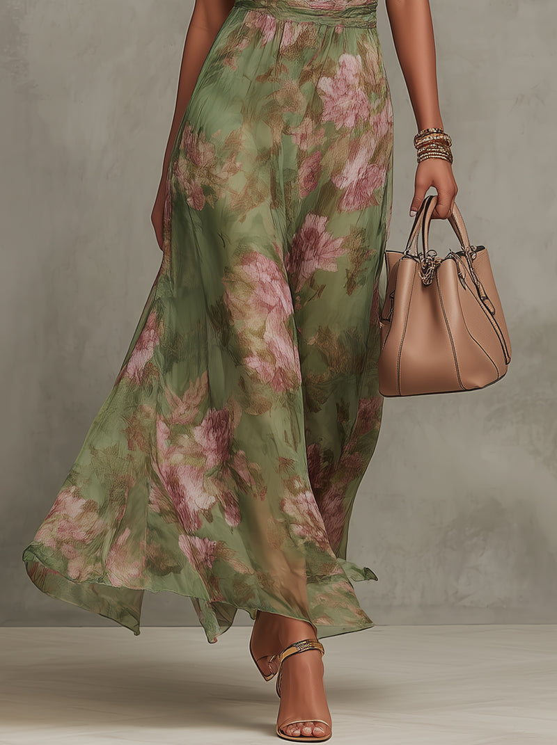 Women's Floral Halter Dress – Pleated Cinched Waist Flowy Dress