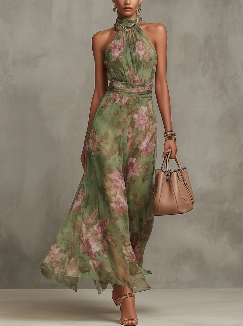 Women's Floral Halter Dress – Pleated Cinched Waist Flowy Dress