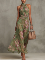 Women's Floral Halter Dress – Pleated Cinched Waist Flowy Dress