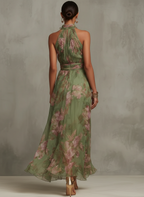 Women's Floral Halter Dress – Pleated Cinched Waist Flowy Dress