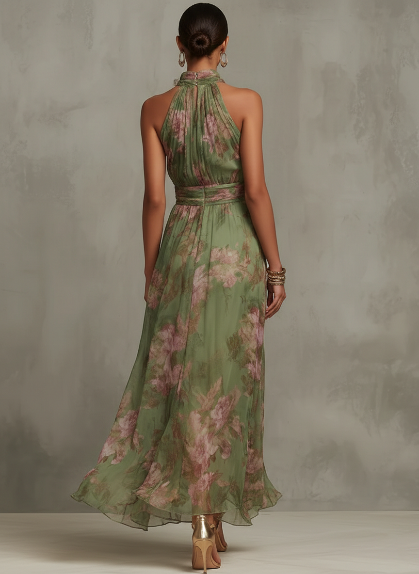 Women's Floral Halter Dress – Pleated Cinched Waist Flowy Dress