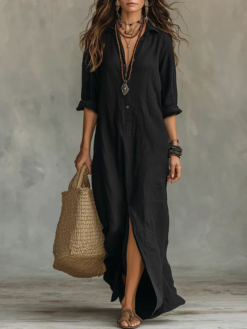 Women's Button Front Maxi Dress – Collared Flowy Long Dress