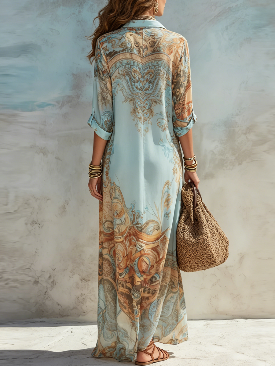 Women's Printed Maxi Shirt Dress – Flowy Vacation Day Dress