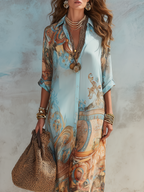 Women's Printed Maxi Shirt Dress – Flowy Vacation Day Dress