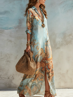 Women's Printed Maxi Shirt Dress – Flowy Vacation Day Dress