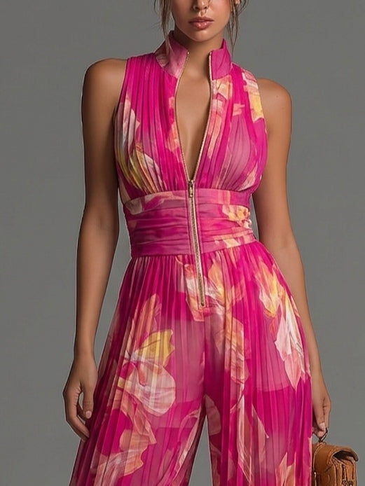 Women's Floral V-Neck Jumpsuit – Wide Leg Summer Party Jumpsuit