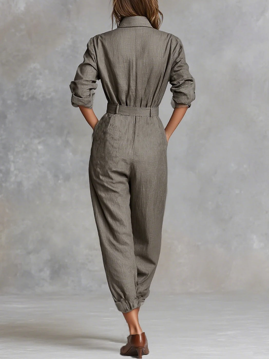 Women's Long Sleeve Utility Jumpsuit – Collared Button Front Relaxed Jumpsuit