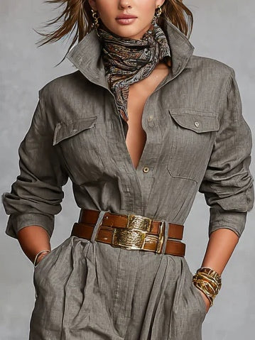 Women's Long Sleeve Utility Jumpsuit – Collared Button Front Relaxed Jumpsuit