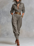 Women's Long Sleeve Utility Jumpsuit – Collared Button Front Relaxed Jumpsuit
