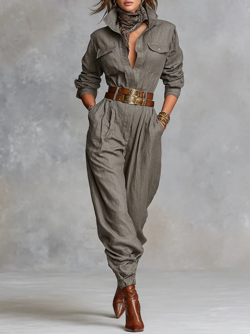 Women's Long Sleeve Utility Jumpsuit – Collared Button Front Relaxed Jumpsuit