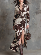 Women's Cow Print Shirt Dress – Button Front Maxi Dress
